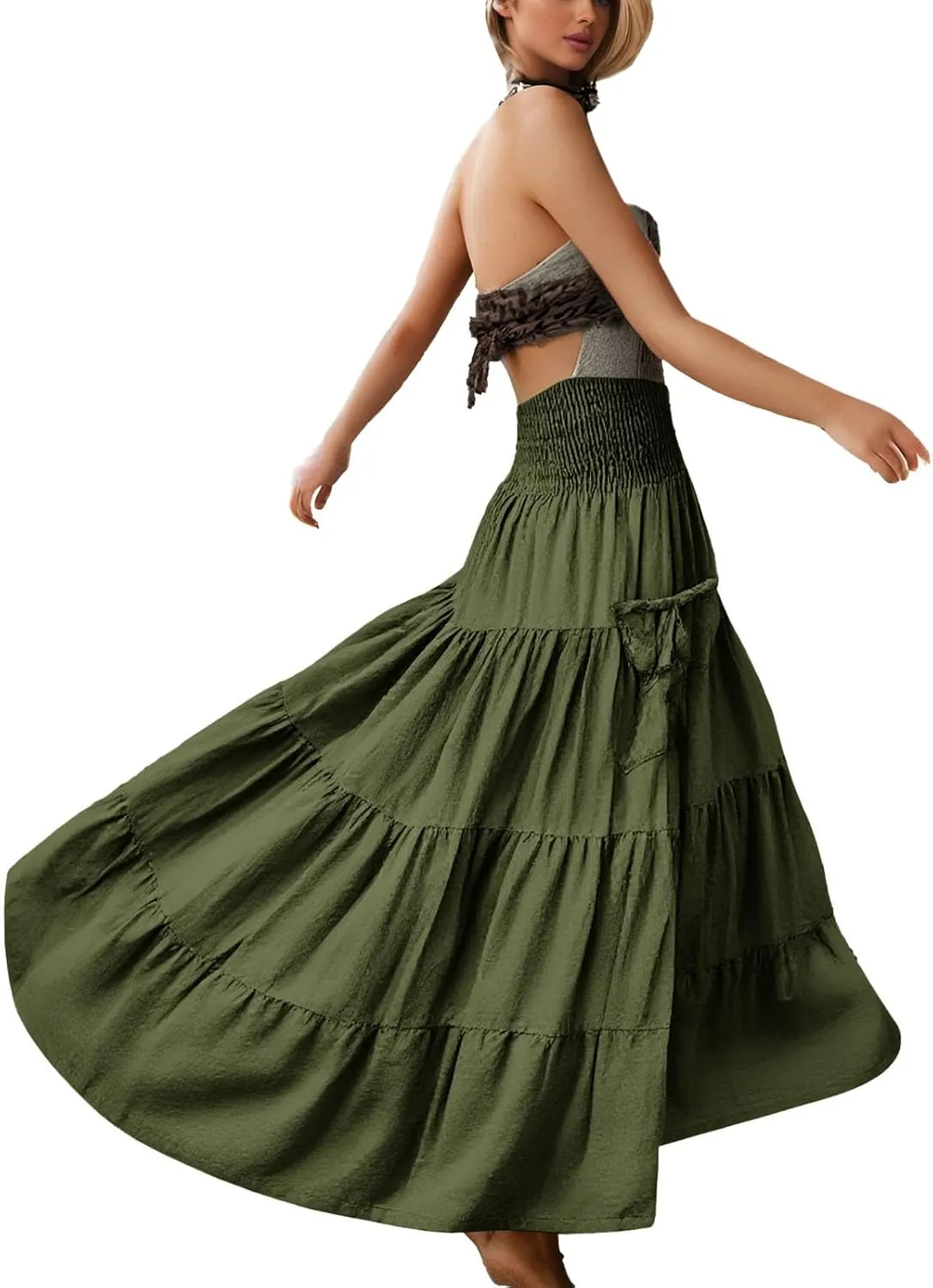 Maxi Dresses for Women Elastic High Waisted Casual Boho Full Skirt Beach Pleated Hippie Gypsy Skirt with Pockets