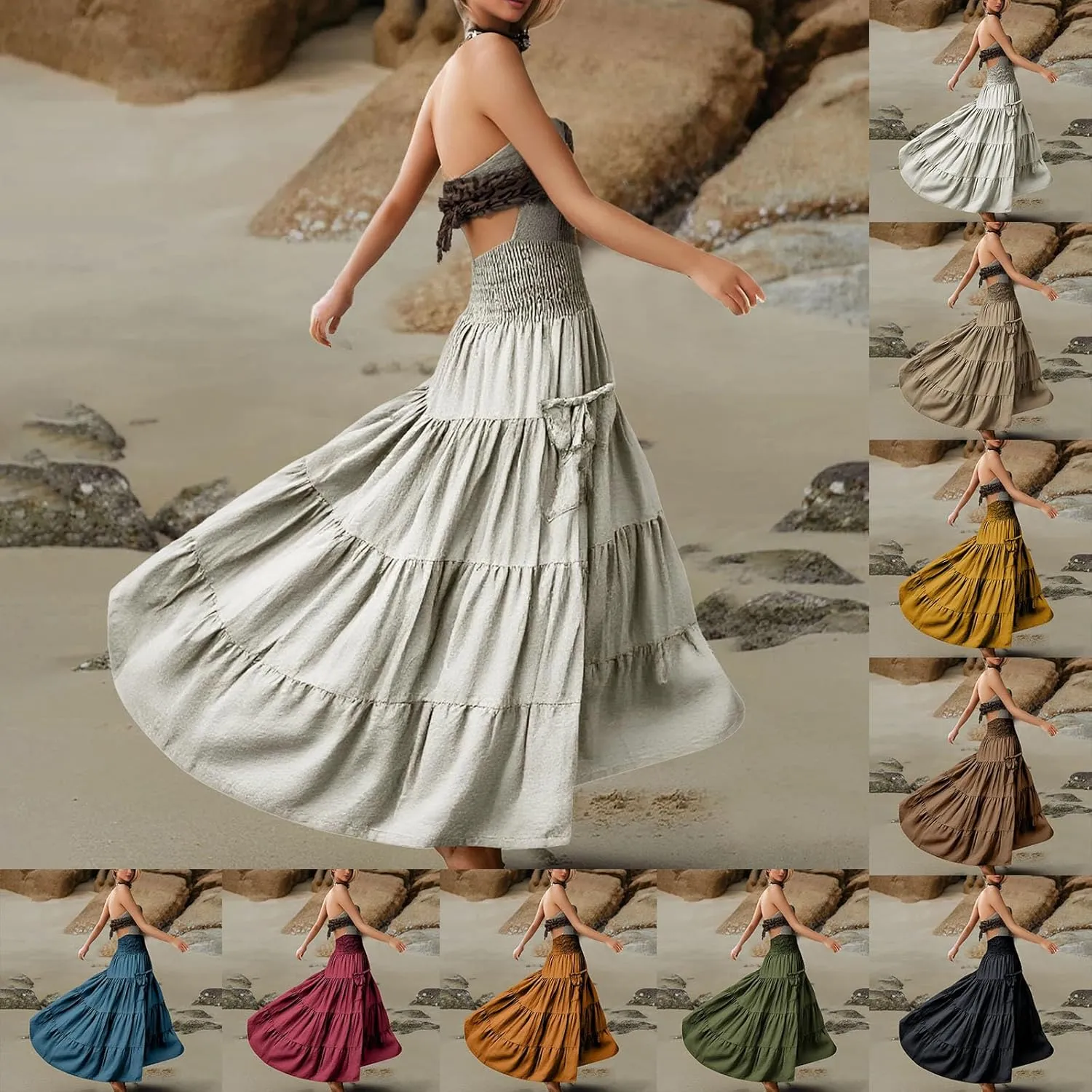 Maxi Dresses for Women Elastic High Waisted Casual Boho Full Skirt Beach Pleated Hippie Gypsy Skirt with Pockets