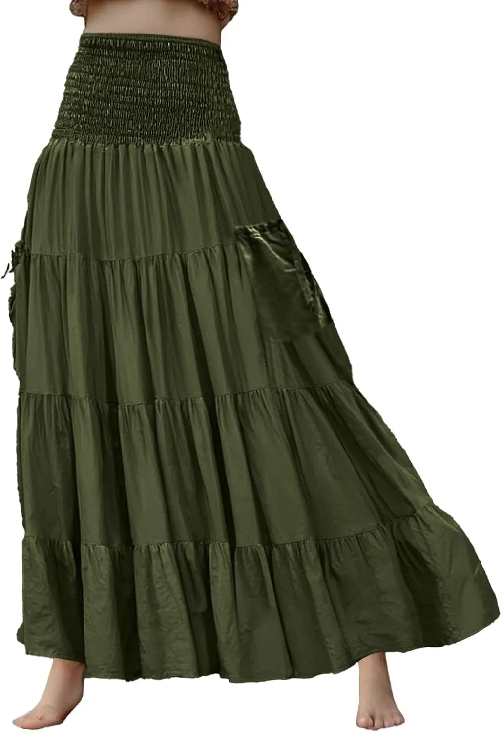 Maxi Dresses for Women Elastic High Waisted Casual Boho Full Skirt Beach Pleated Hippie Gypsy Skirt with Pockets
