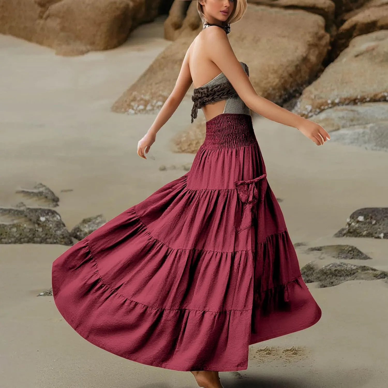 Maxi Dresses for Women Elastic High Waisted Casual Boho Full Skirt Beach Pleated Hippie Gypsy Skirt with Pockets