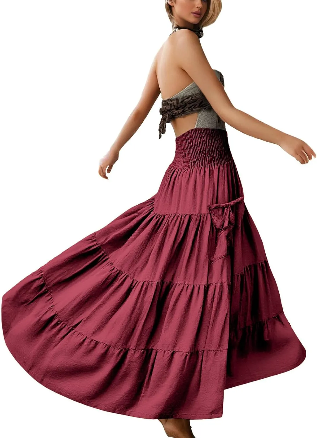 Maxi Dresses for Women Elastic High Waisted Casual Boho Full Skirt Beach Pleated Hippie Gypsy Skirt with Pockets