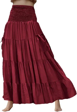 Maxi Dresses for Women Elastic High Waisted Casual Boho Full Skirt Beach Pleated Hippie Gypsy Skirt with Pockets