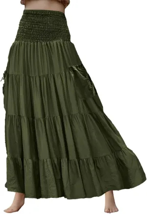 Maxi Dresses for Women Elastic High Waisted Casual Boho Full Skirt Beach Pleated Hippie Gypsy Skirt with Pockets