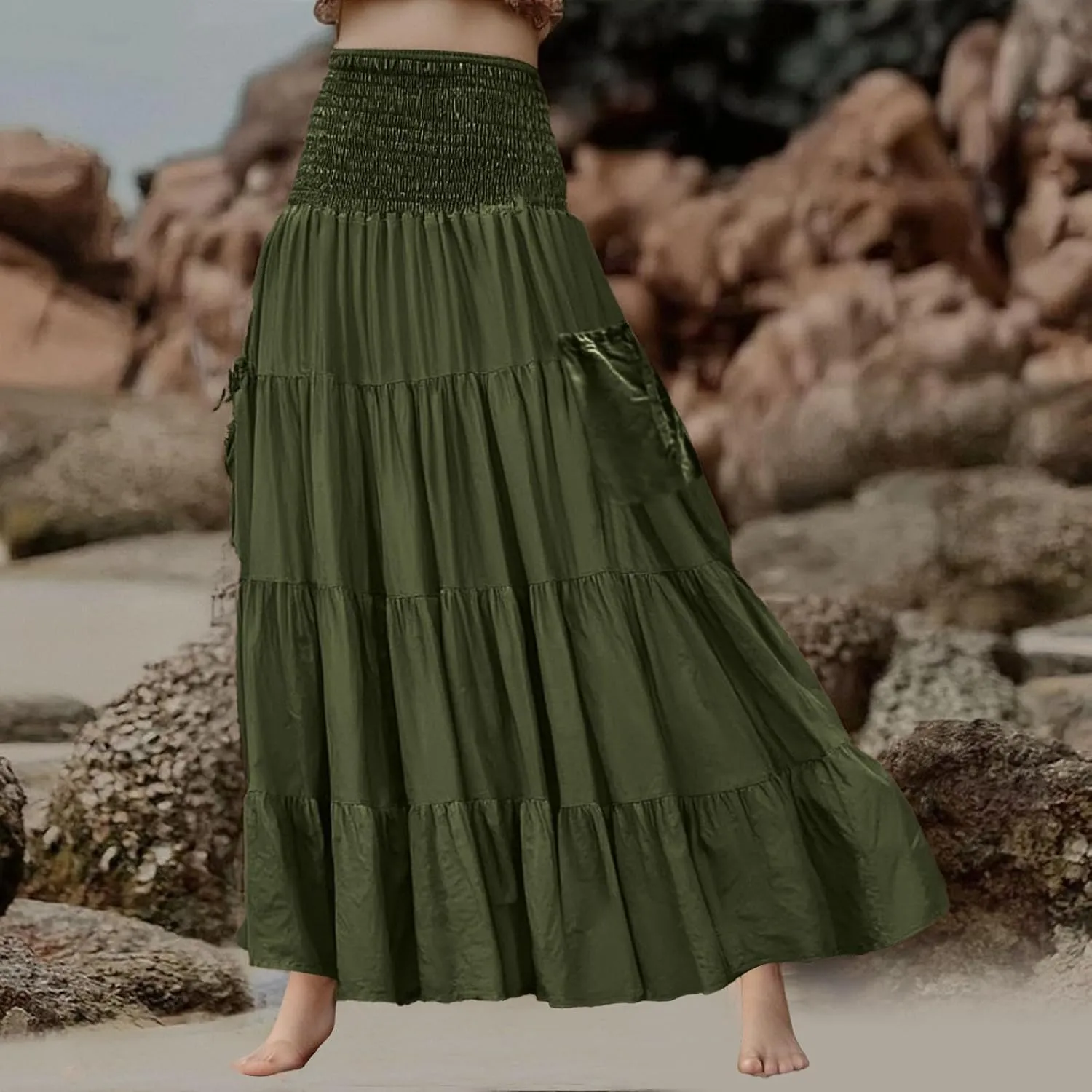 Maxi Dresses for Women Elastic High Waisted Casual Boho Full Skirt Beach Pleated Hippie Gypsy Skirt with Pockets