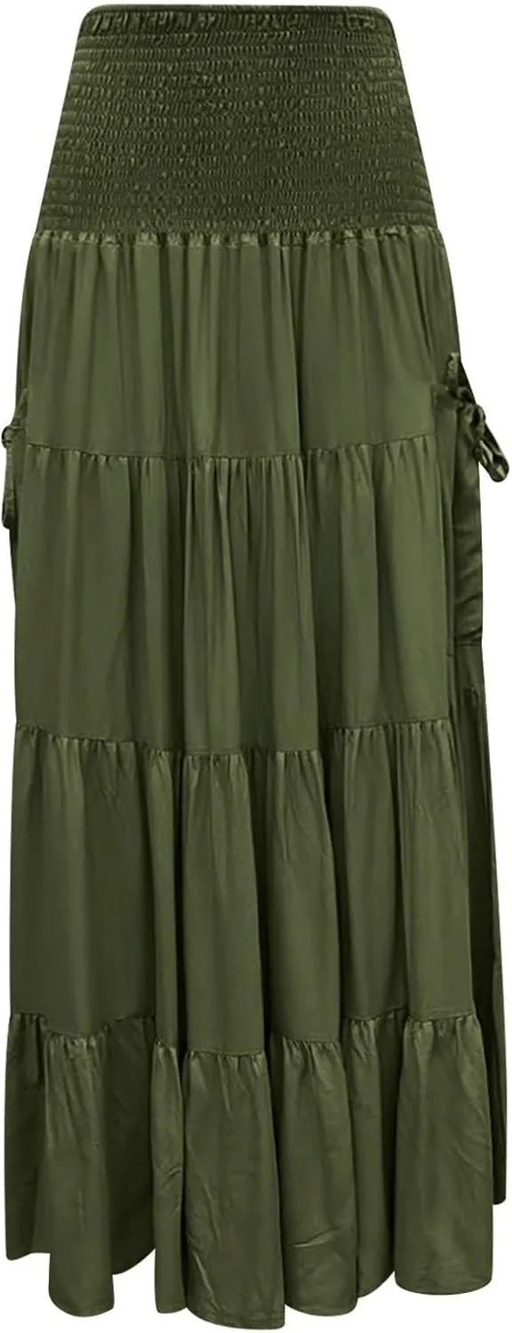 Maxi Dresses for Women Elastic High Waisted Casual Boho Full Skirt Beach Pleated Hippie Gypsy Skirt with Pockets
