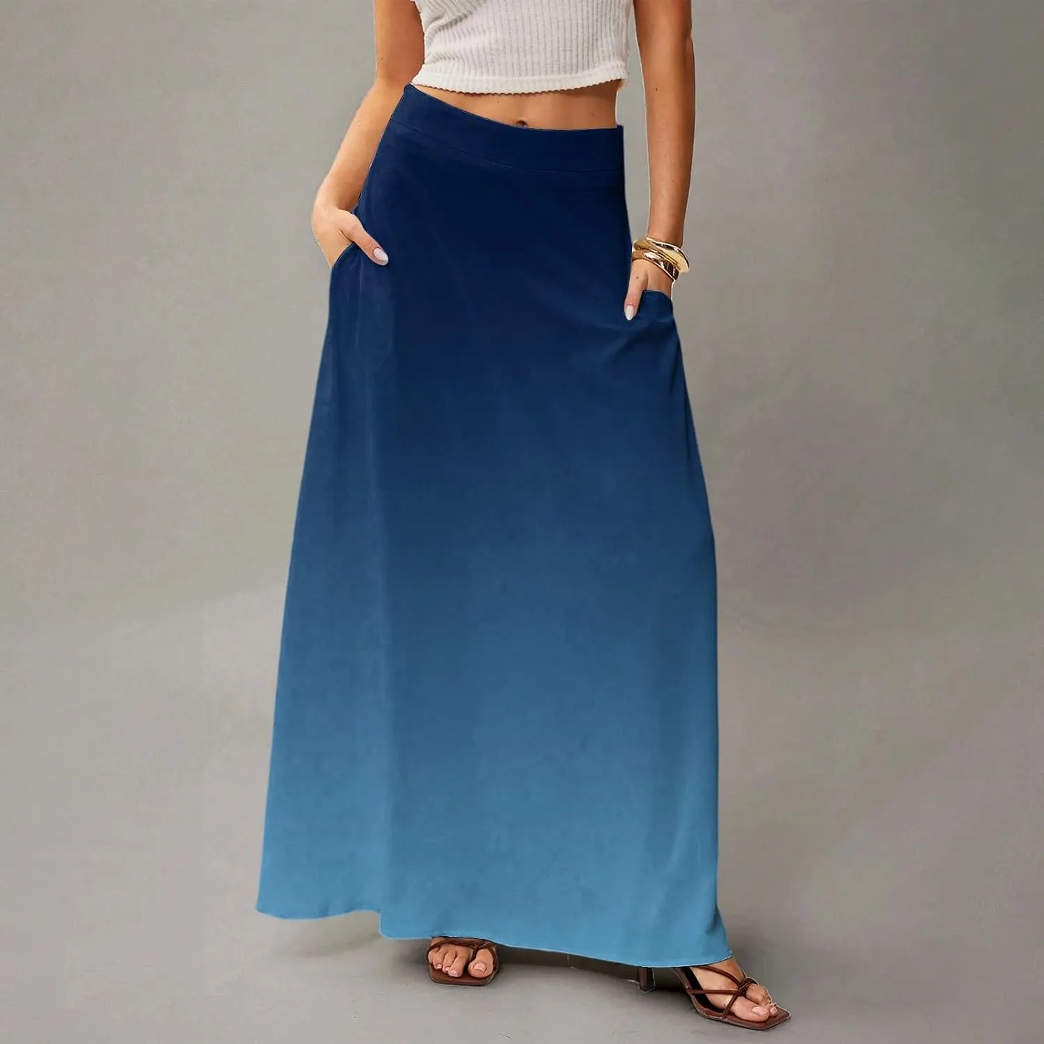 Maxi Floral Skirts for Women Trendy Summer Boho Long Flowy High Elastic Waist Skirts Skorts with Pockets A Line Skirt