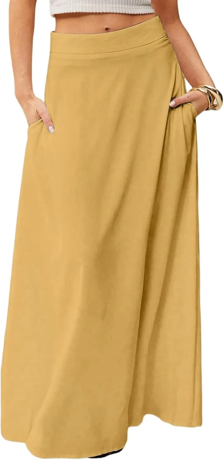 Maxi Floral Skirts for Women Trendy Summer Boho Long Flowy High Elastic Waist Skirts Skorts with Pockets A Line Skirt