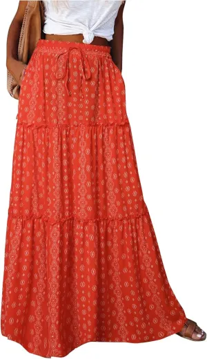 Maxi Skirt for Women 2025 Casual Summer Tiered High Waisted Skirts Pleated Aline Skirt Dressy Long Skirts with Pockets