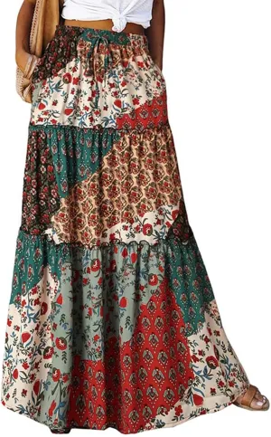Maxi Skirt for Women 2025 Summer Layered Tiered Elastic Skirt Ruffle A Line Skirts Long Bohemian Skirts with Pockets