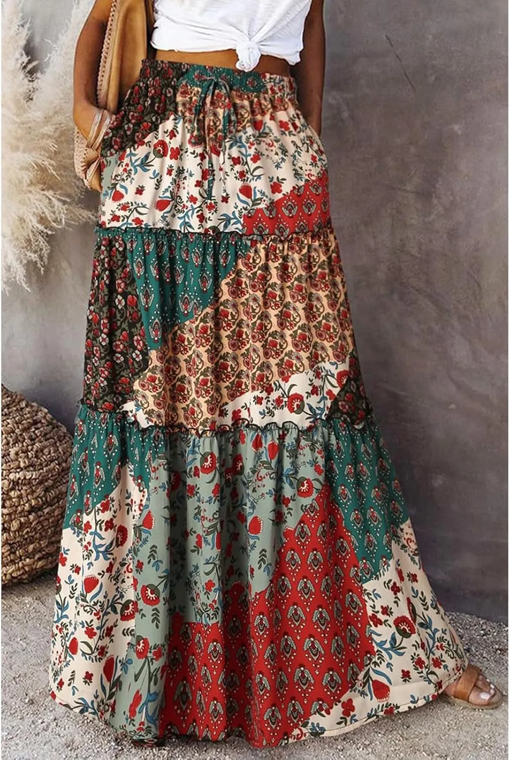 Maxi Skirt for Women 2025 Summer Layered Tiered Elastic Skirt Ruffle A Line Skirts Long Bohemian Skirts with Pockets