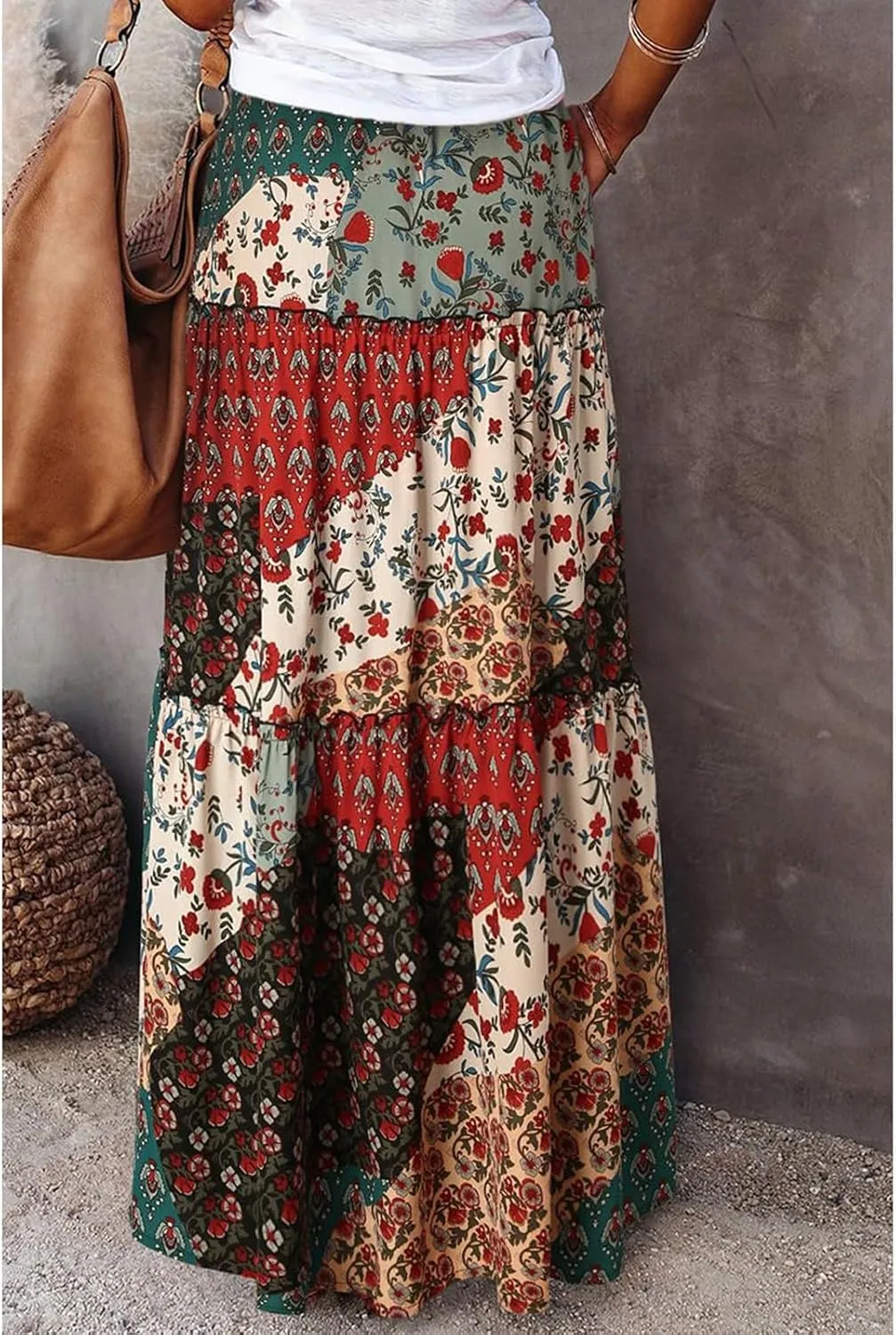Maxi Skirt for Women 2025 Summer Layered Tiered Elastic Skirt Ruffle A Line Skirts Long Bohemian Skirts with Pockets