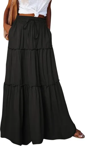 Maxi Skirt for Women 2025 Vacation Summer Tiered High Waisted Skirt Pleated Aline Work Flowy Long Skirts with Pockets
