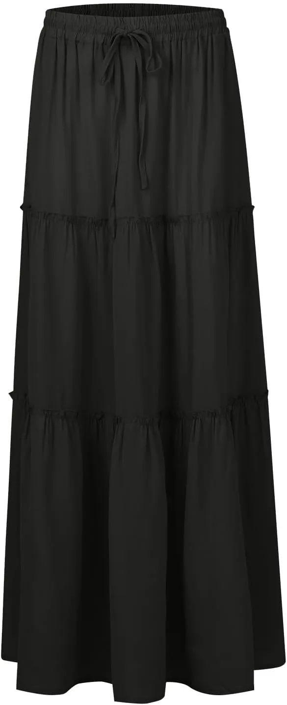 Maxi Skirt for Women 2025 Vacation Summer Tiered High Waisted Skirt Pleated Aline Work Flowy Long Skirts with Pockets