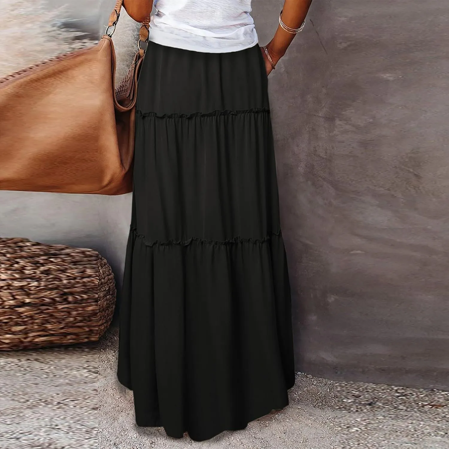 Maxi Skirt for Women 2025 Vacation Summer Tiered High Waisted Skirt Pleated Aline Work Flowy Long Skirts with Pockets