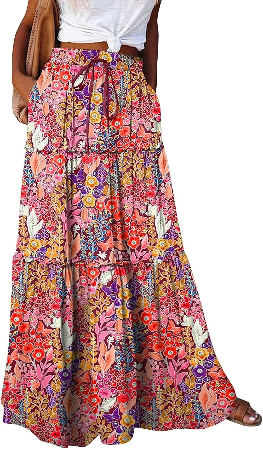 Maxi Skirt for Women 2025 Vacation Summer Tiered High Waisted Skirt Pleated Aline Work Flowy Long Skirts with Pockets