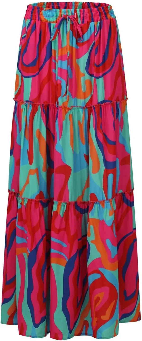 Maxi Skirt for Women 2025 Vacation Summer Tiered High Waisted Skirt Pleated Aline Work Flowy Long Skirts with Pockets
