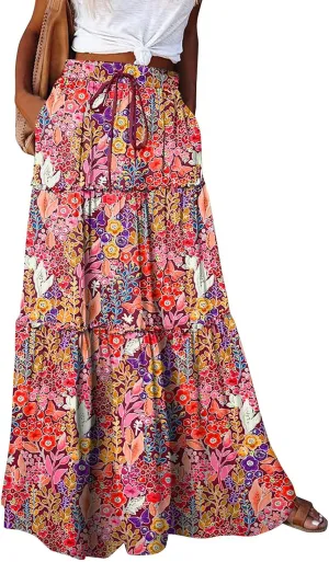 Maxi Skirt for Women 2025 Vacation Summer Tiered High Waisted Skirt Pleated Aline Work Flowy Long Skirts with Pockets