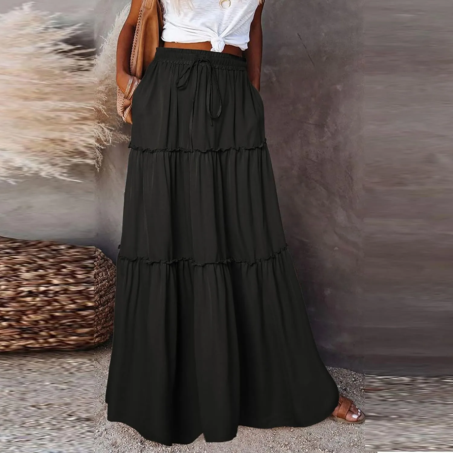 Maxi Skirt for Women 2025 Vacation Summer Tiered High Waisted Skirt Pleated Aline Work Flowy Long Skirts with Pockets