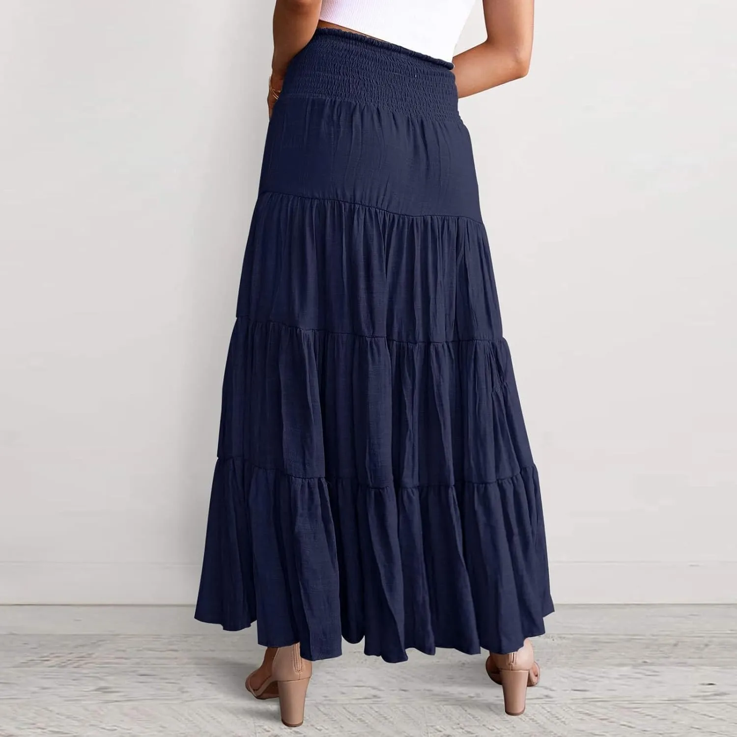 Maxi Skirts for Women 2025 Trendy Summer A Line Long Skirt Drawstring High Waisted Tiered Flowy Pleated Skirt with Pockets