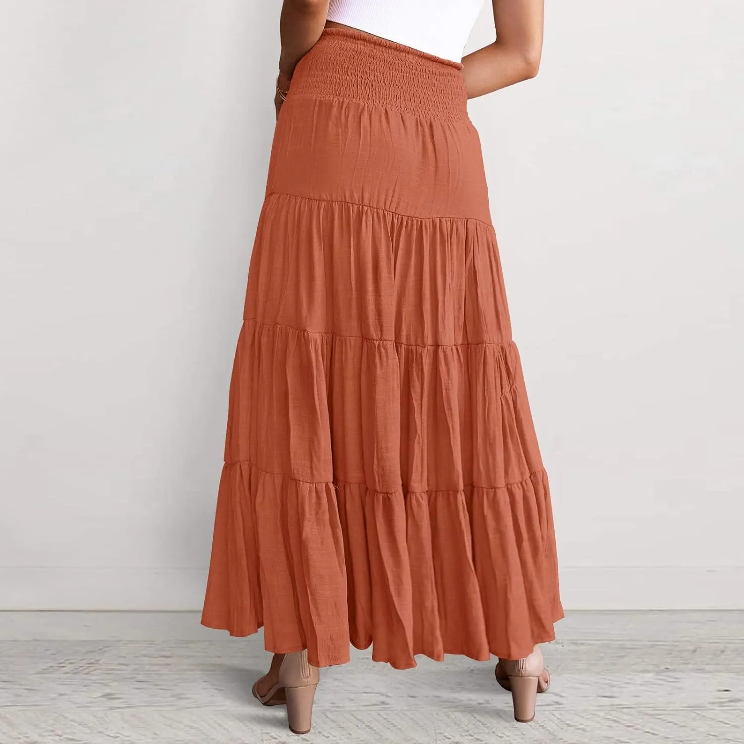 Maxi Skirts for Women 2025 Trendy Summer A Line Long Skirt Drawstring High Waisted Tiered Flowy Pleated Skirt with Pockets