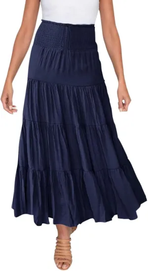 Maxi Skirts for Women 2025 Trendy Summer A Line Long Skirt Drawstring High Waisted Tiered Flowy Pleated Skirt with Pockets