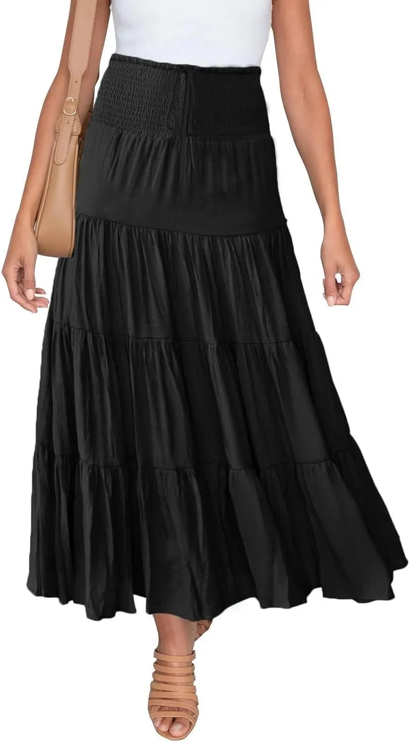 Maxi Skirts for Women 2025 Trendy Summer A Line Long Skirt Drawstring High Waisted Tiered Flowy Pleated Skirt with Pockets