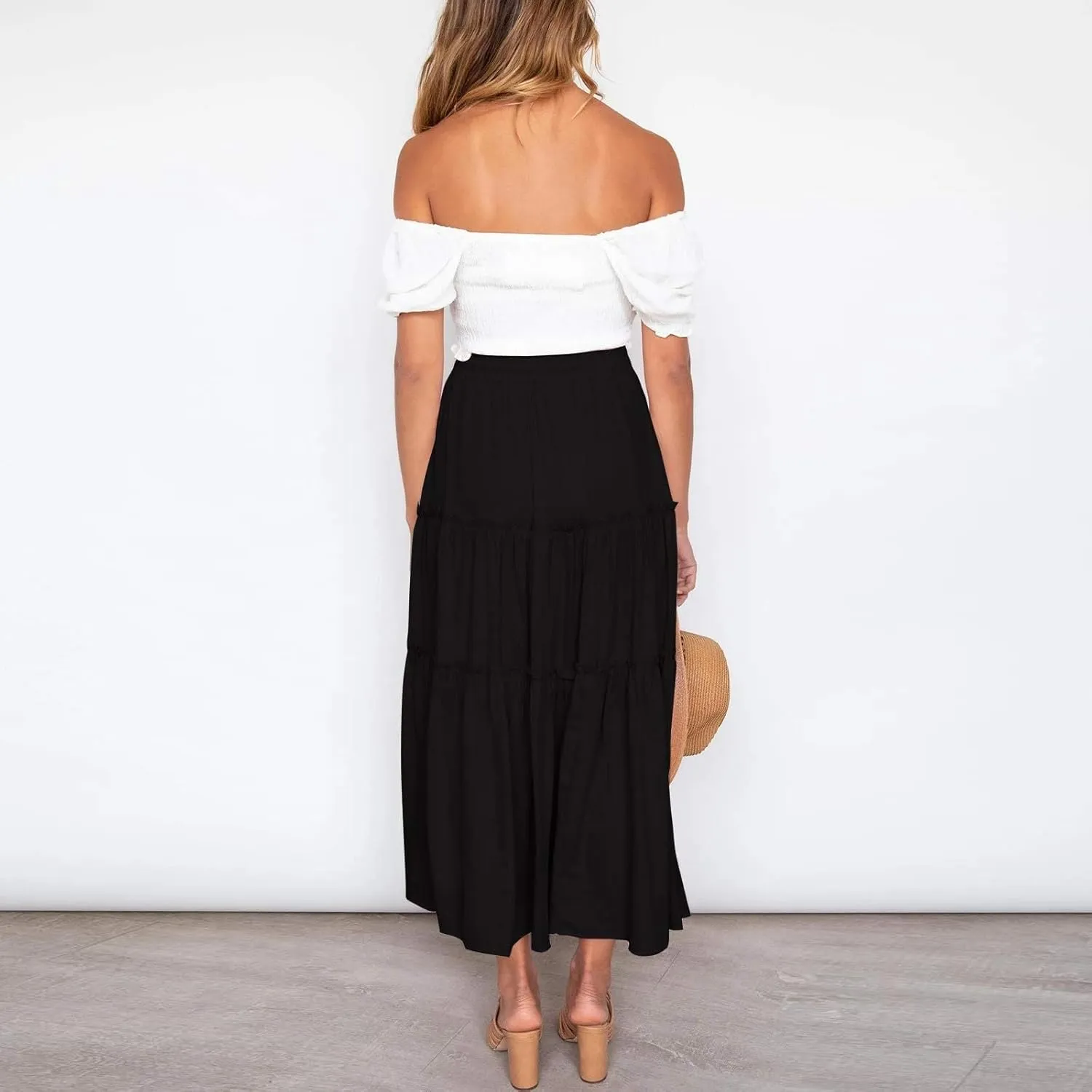 Maxi Skirts for Women 2025 Trendy Summer A Line Long Skirt Drawstring High Waisted Tiered Flowy Pleated Skirt with Pockets