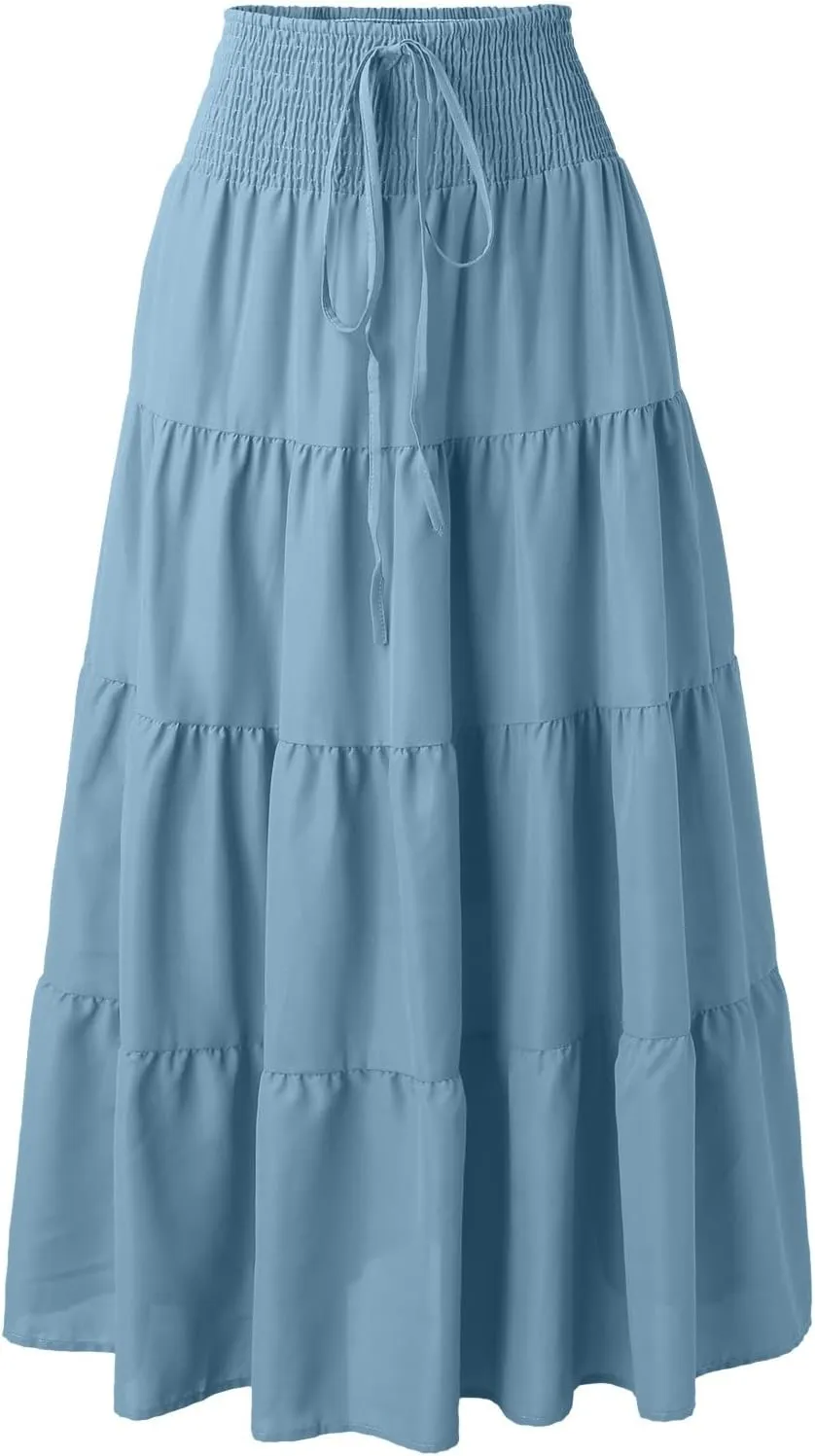 Maxi Skirts for Women 2025 Trendy Summer A Line Long Skirt Drawstring High Waisted Tiered Flowy Pleated Skirt with Pockets