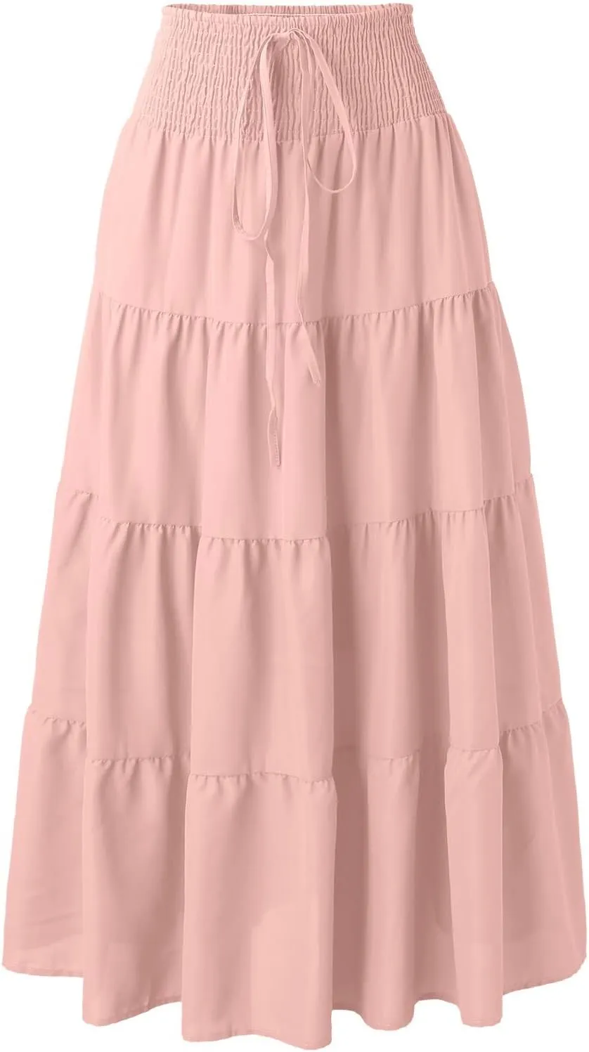 Maxi Skirts for Women 2025 Trendy Summer A Line Long Skirt Drawstring High Waisted Tiered Flowy Pleated Skirt with Pockets