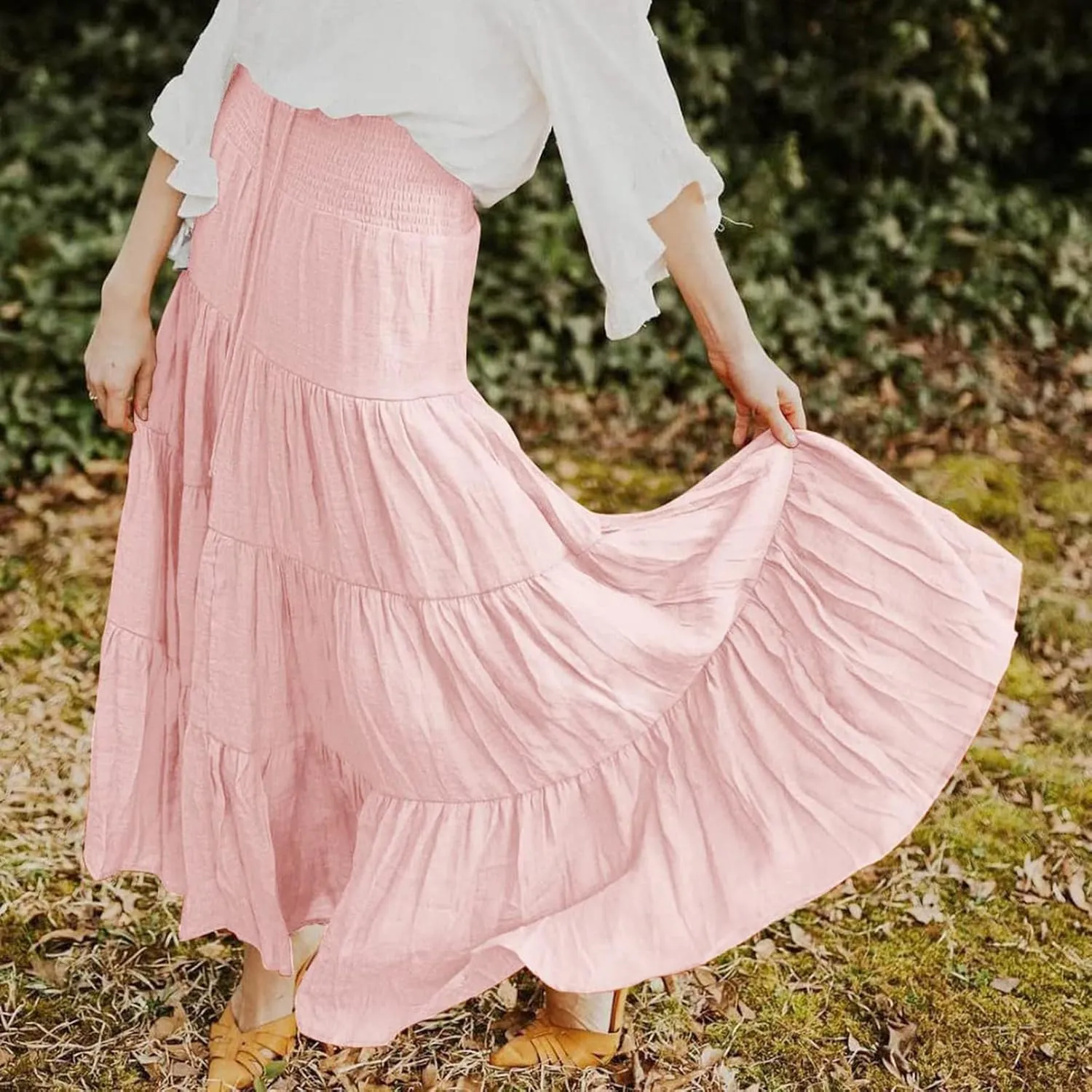 Maxi Skirts for Women 2025 Trendy Summer A Line Long Skirt Drawstring High Waisted Tiered Flowy Pleated Skirt with Pockets