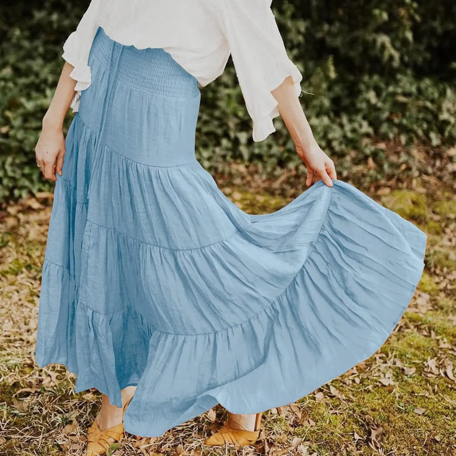 Maxi Skirts for Women 2025 Trendy Summer A Line Long Skirt Drawstring High Waisted Tiered Flowy Pleated Skirt with Pockets