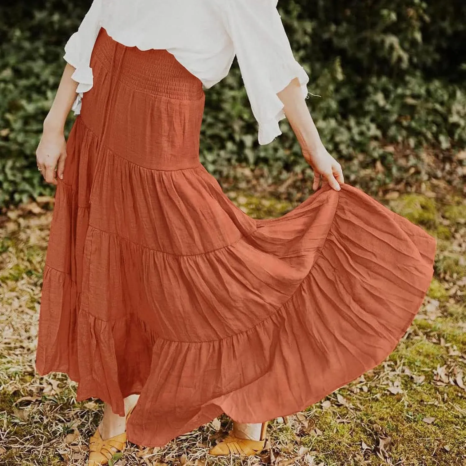 Maxi Skirts for Women 2025 Trendy Summer A Line Long Skirt Drawstring High Waisted Tiered Flowy Pleated Skirt with Pockets