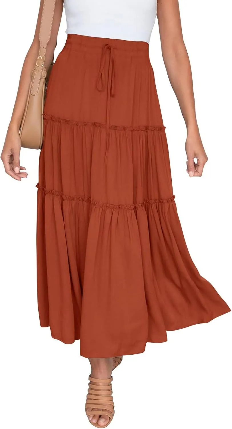 Maxi Skirts for Women 2025 Trendy Summer A Line Long Skirt Drawstring High Waisted Tiered Flowy Pleated Skirt with Pockets