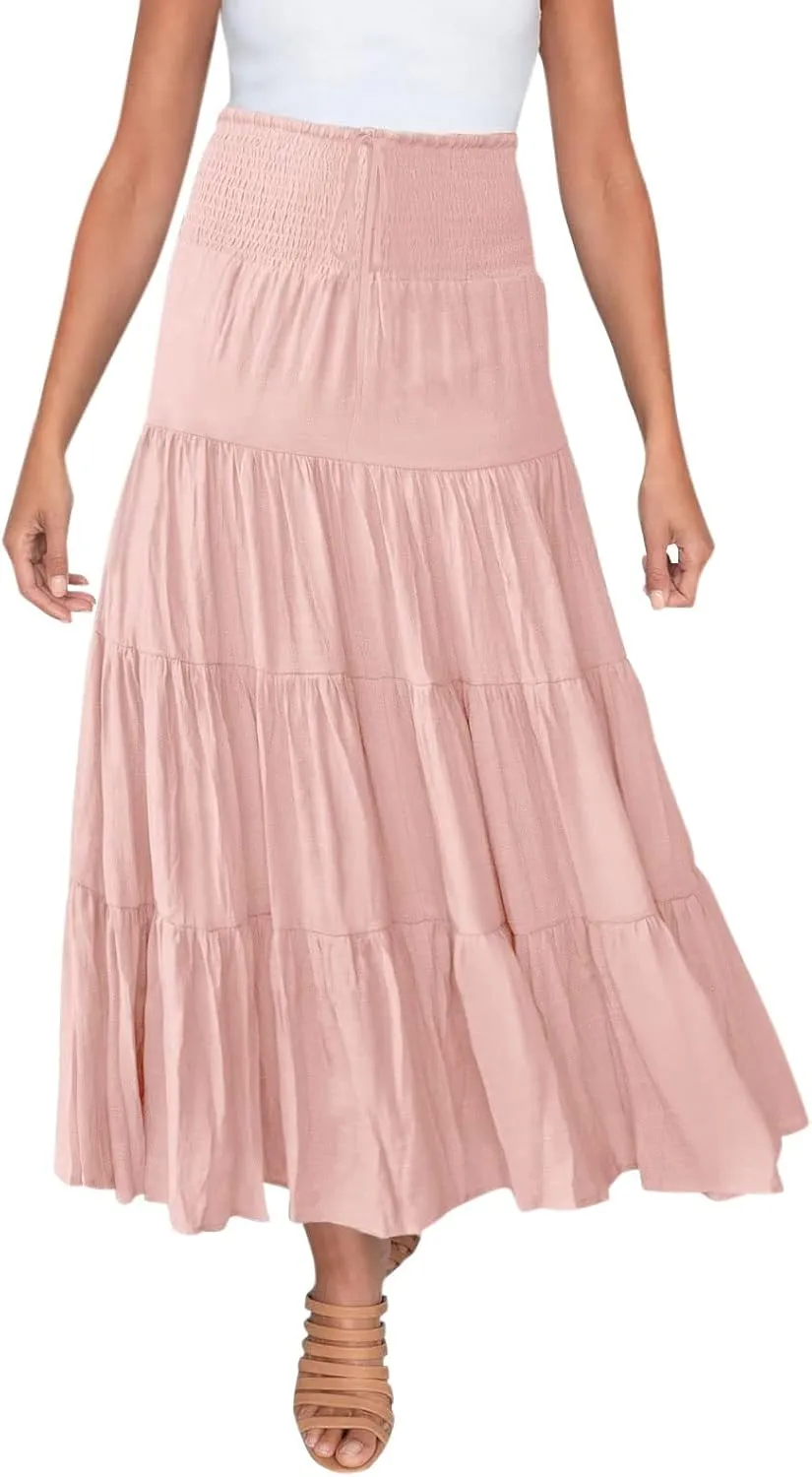 Maxi Skirts for Women 2025 Trendy Summer A Line Long Skirt Drawstring High Waisted Tiered Flowy Pleated Skirt with Pockets