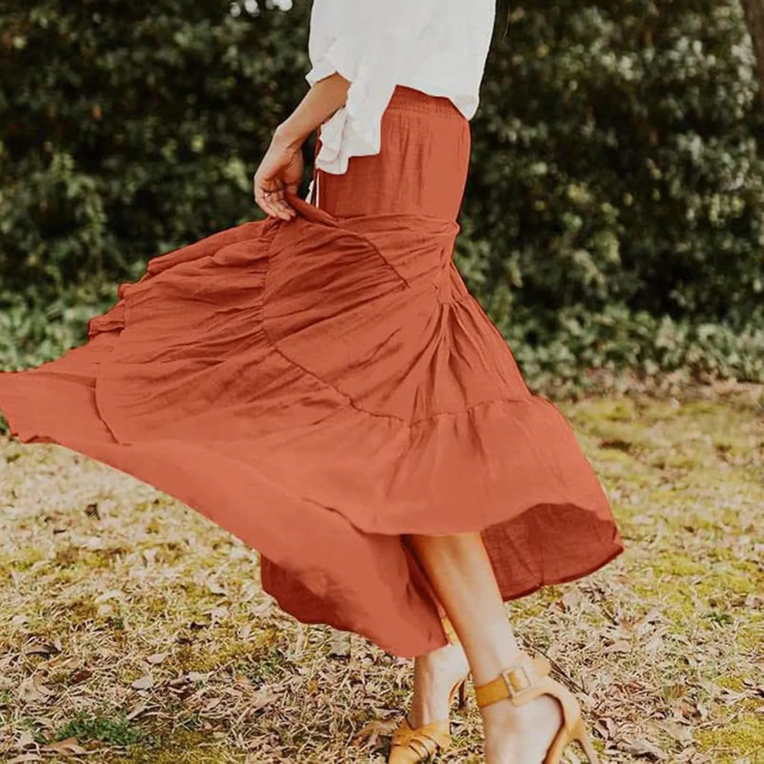 Maxi Skirts for Women 2025 Trendy Summer A Line Long Skirt Drawstring High Waisted Tiered Flowy Pleated Skirt with Pockets