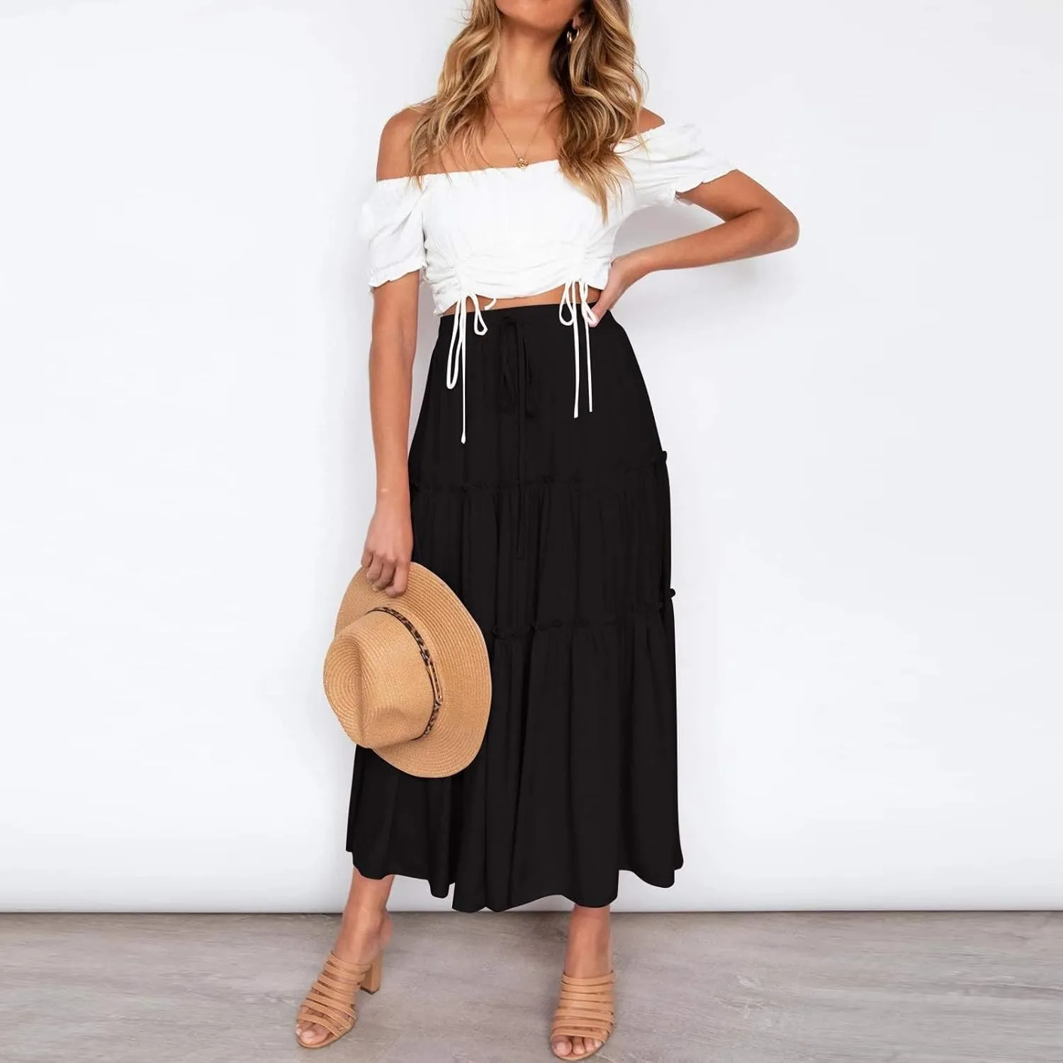 Maxi Skirts for Women 2025 Trendy Summer A Line Long Skirt Drawstring High Waisted Tiered Flowy Pleated Skirt with Pockets