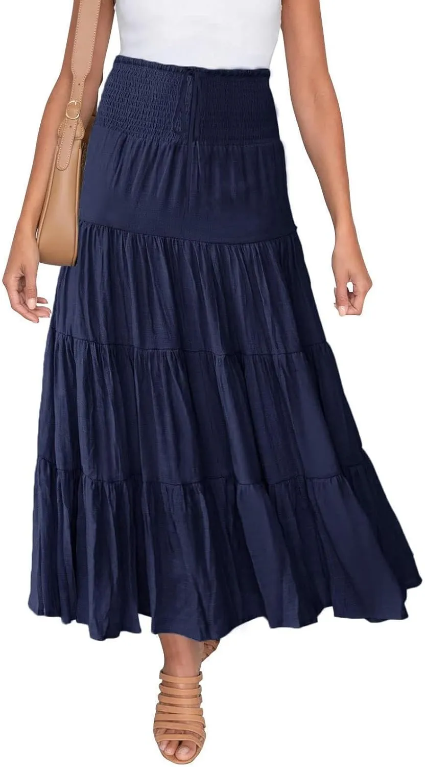 Maxi Skirts for Women 2025 Trendy Summer A Line Long Skirt Drawstring High Waisted Tiered Flowy Pleated Skirt with Pockets
