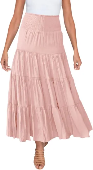 Maxi Skirts for Women 2025 Trendy Summer A Line Long Skirt Drawstring High Waisted Tiered Flowy Pleated Skirt with Pockets
