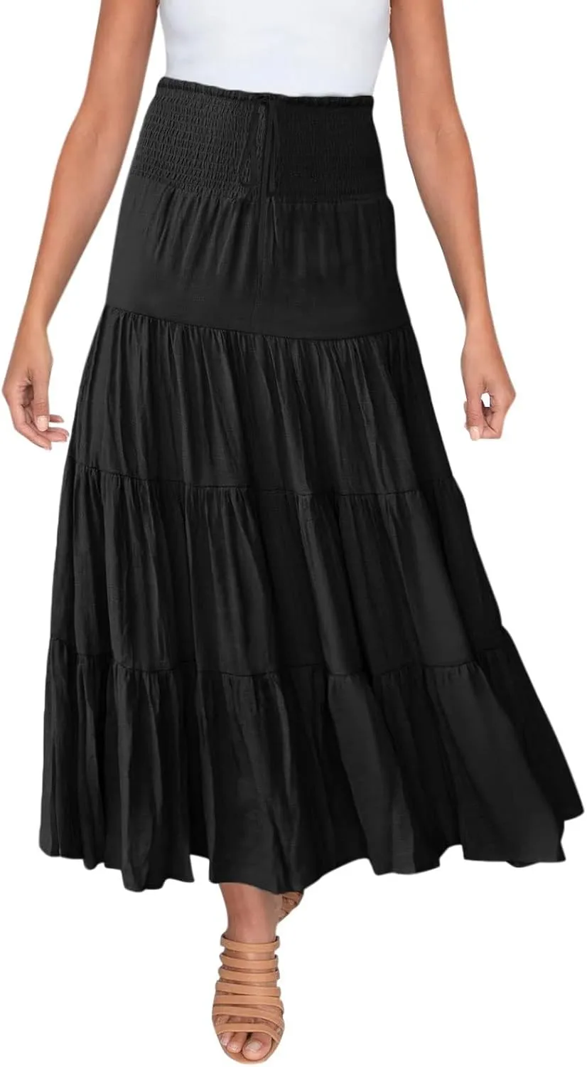Maxi Skirts for Women 2025 Trendy Summer A Line Long Skirt Drawstring High Waisted Tiered Flowy Pleated Skirt with Pockets
