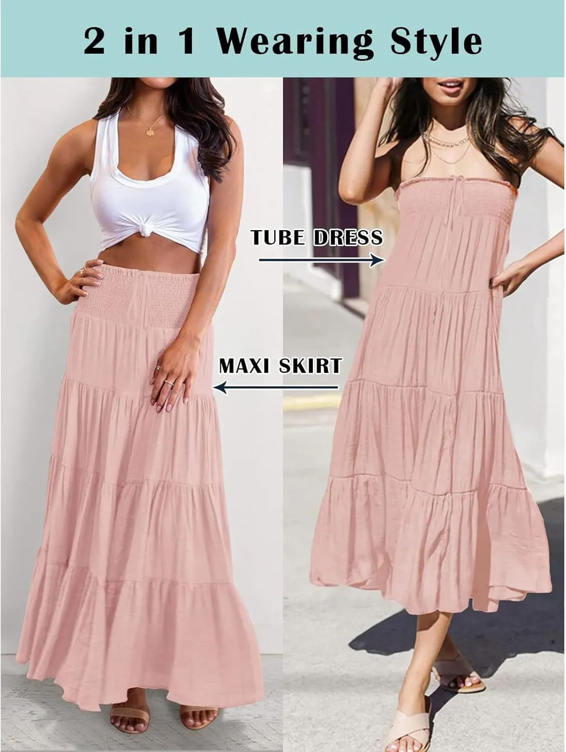 Maxi Skirts for Women 2025 Trendy Summer A Line Long Skirt Drawstring High Waisted Tiered Flowy Pleated Skirt with Pockets
