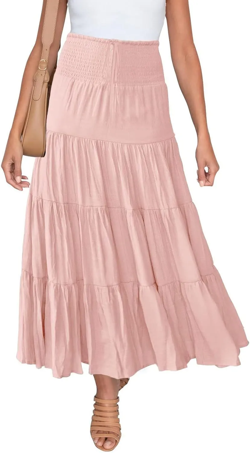 Maxi Skirts for Women 2025 Trendy Summer A Line Long Skirt Drawstring High Waisted Tiered Flowy Pleated Skirt with Pockets