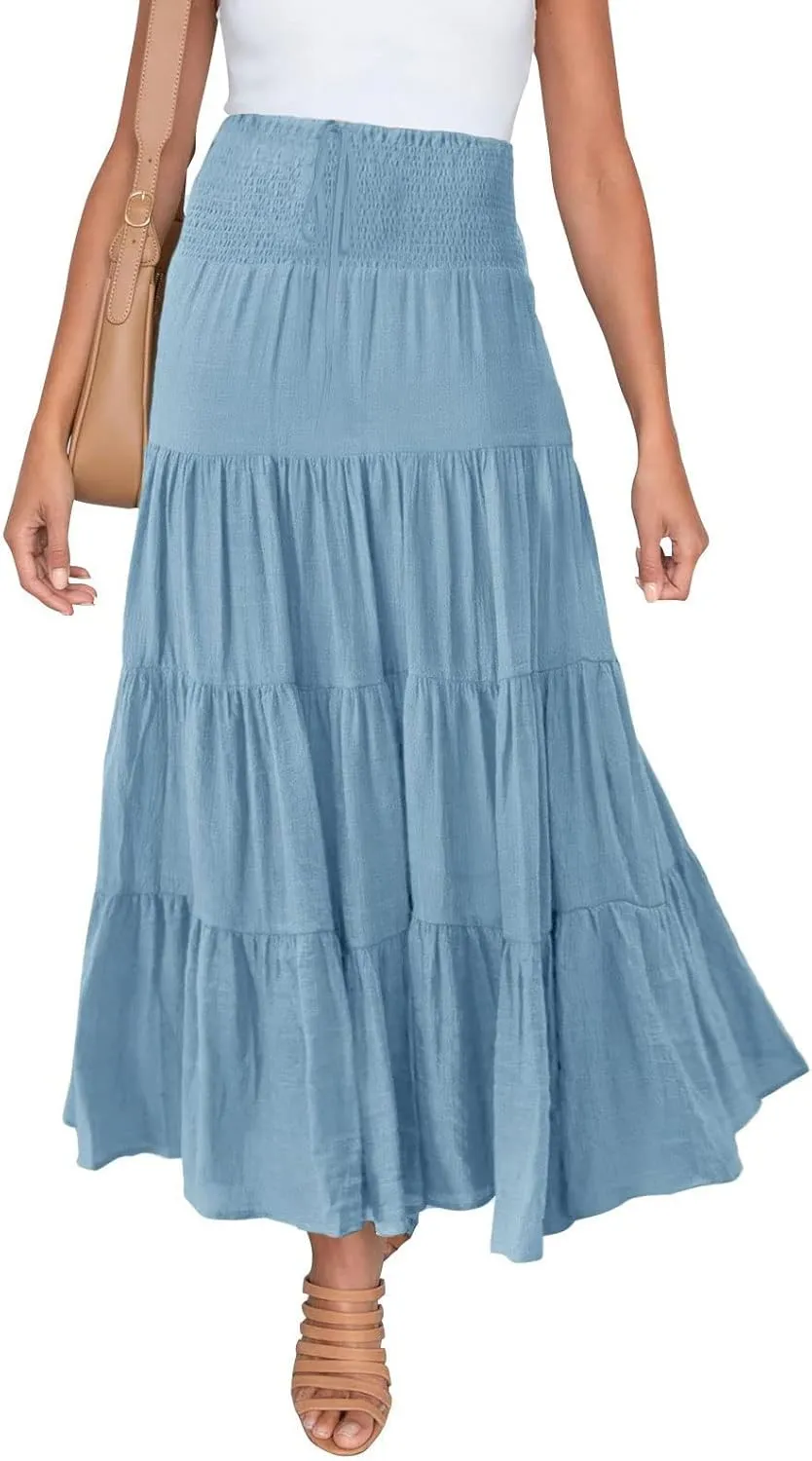 Maxi Skirts for Women 2025 Trendy Summer A Line Long Skirt Drawstring High Waisted Tiered Flowy Pleated Skirt with Pockets