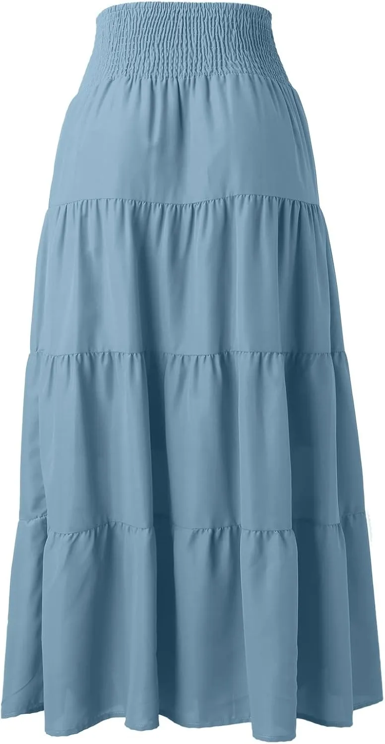 Maxi Skirts for Women 2025 Trendy Summer A Line Long Skirt Drawstring High Waisted Tiered Flowy Pleated Skirt with Pockets