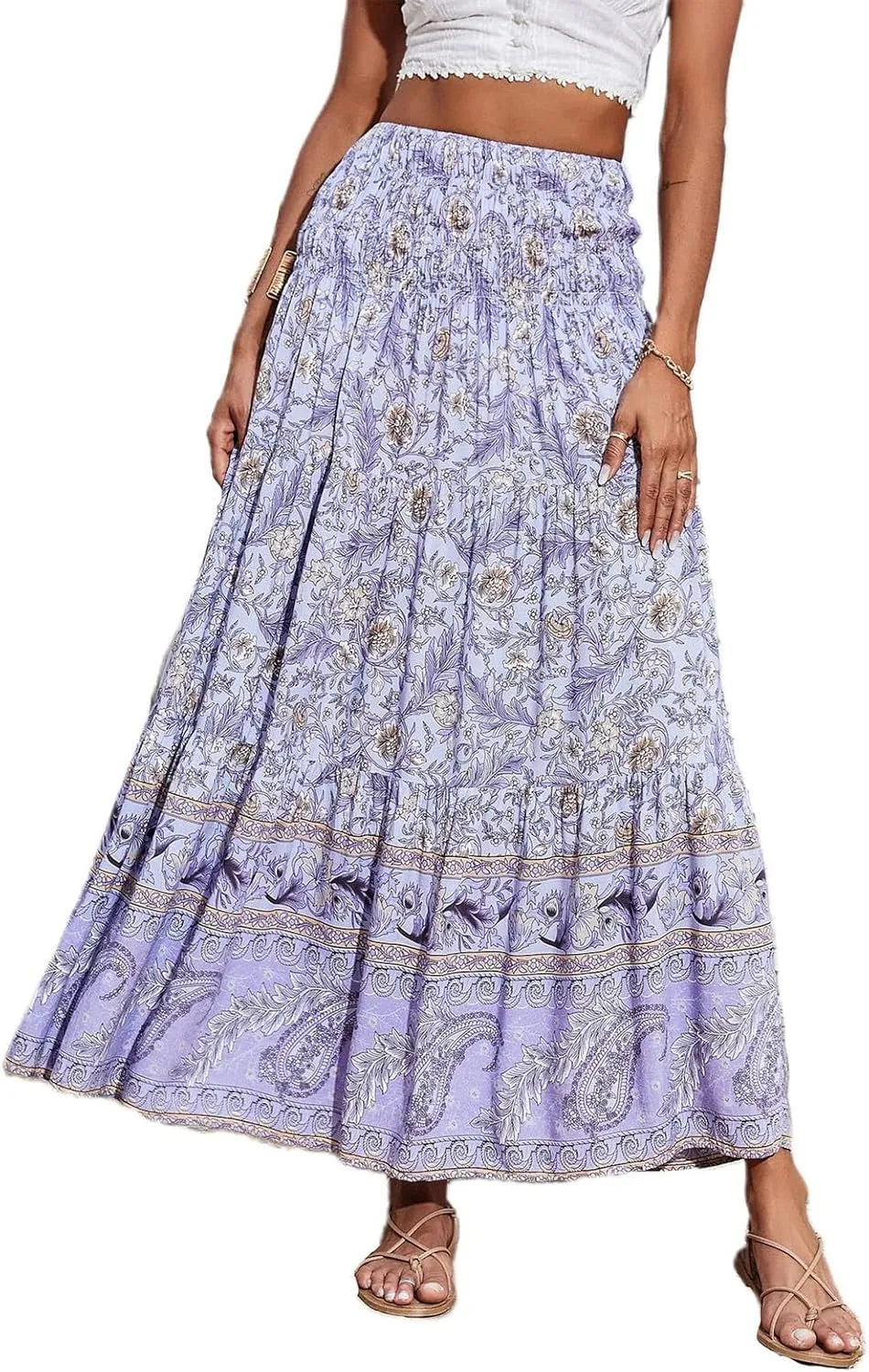 Maxi Skirts for Women Elastic High Waist A Line Pleated Skirt Boho Print Floral Flowy Skirt Beach Fashion