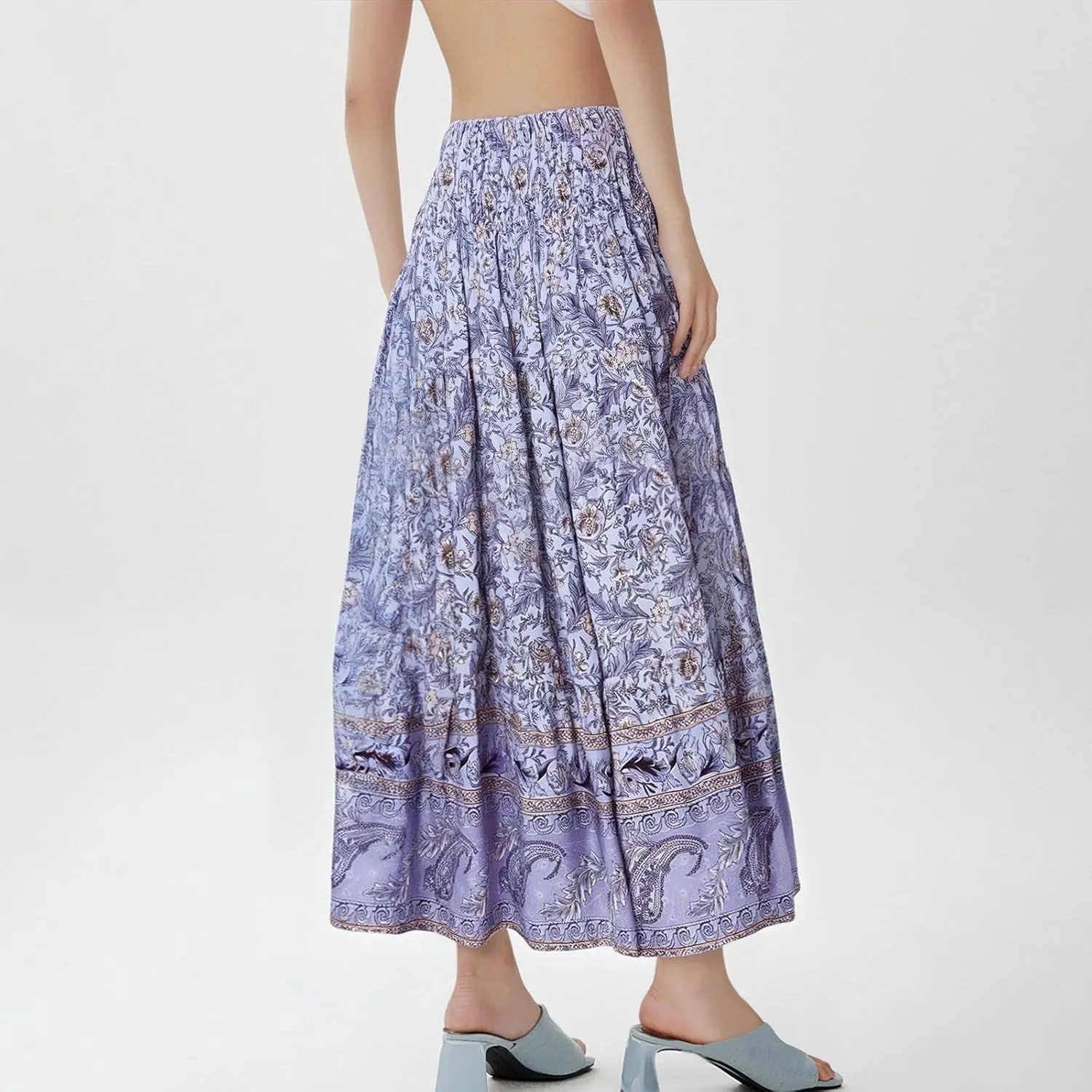 Maxi Skirts for Women Elastic High Waist A Line Pleated Skirt Boho Print Floral Flowy Skirt Beach Fashion