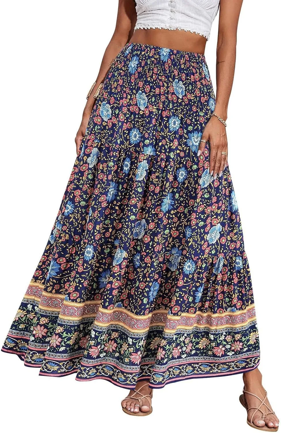 Maxi Skirts for Women Elastic High Waist A Line Pleated Skirt Boho Print Floral Flowy Skirt Beach Fashion