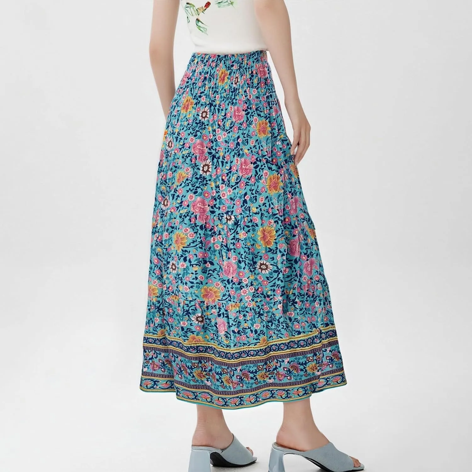 Maxi Skirts for Women Elastic High Waist A Line Pleated Skirt Boho Print Floral Flowy Skirt Beach Fashion