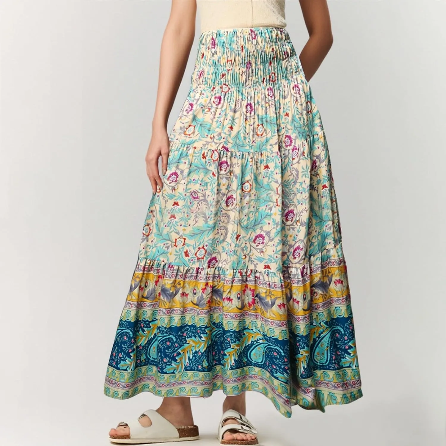 Maxi Skirts for Women Elastic High Waist A Line Pleated Skirt Boho Print Floral Flowy Skirt Beach Fashion