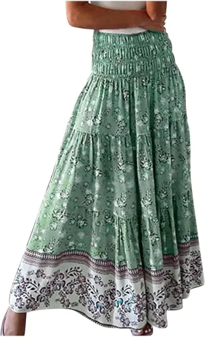 Maxi Skirts for Women Elastic High Waist A Line Pleated Skirt Boho Print Floral Flowy Skirt Beach Fashion