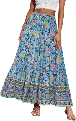 Maxi Skirts for Women Elastic High Waist A Line Pleated Skirt Boho Print Floral Flowy Skirt Beach Fashion